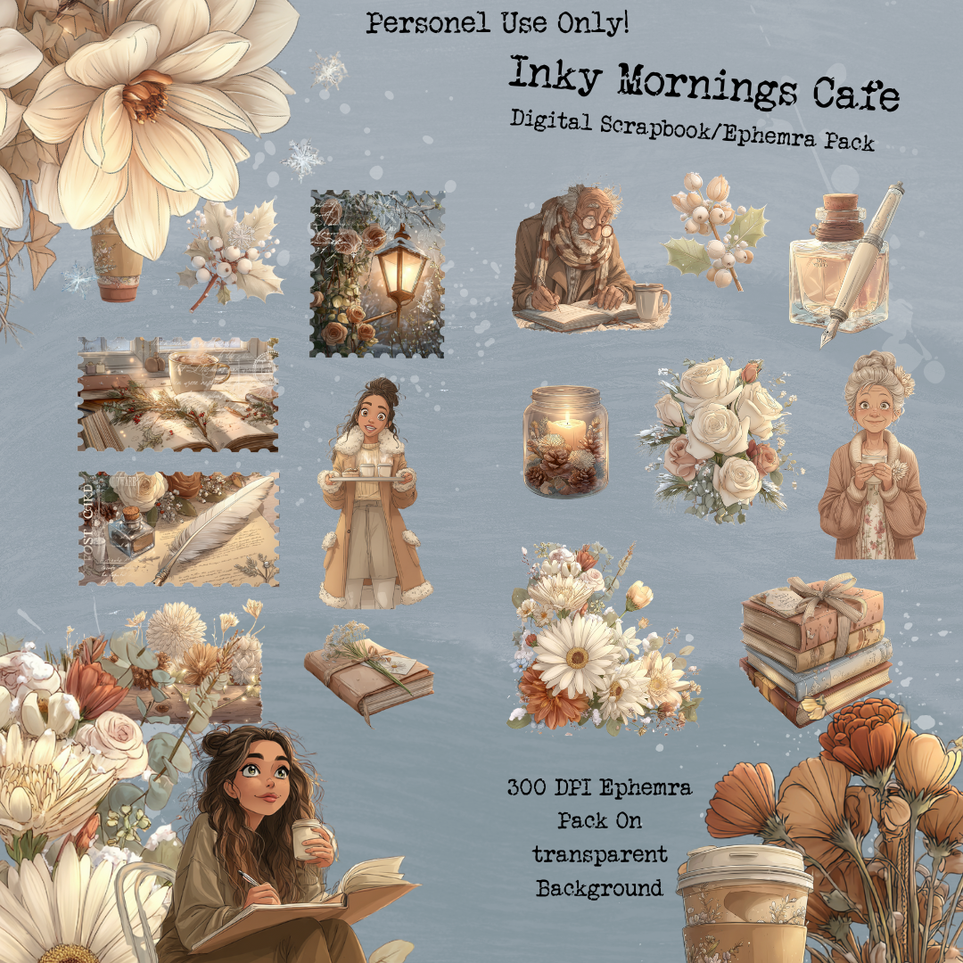 Inky Mornings Cafe – Digital Scrapbook + Ephemera Pack | Printable Journal & Collage Kit