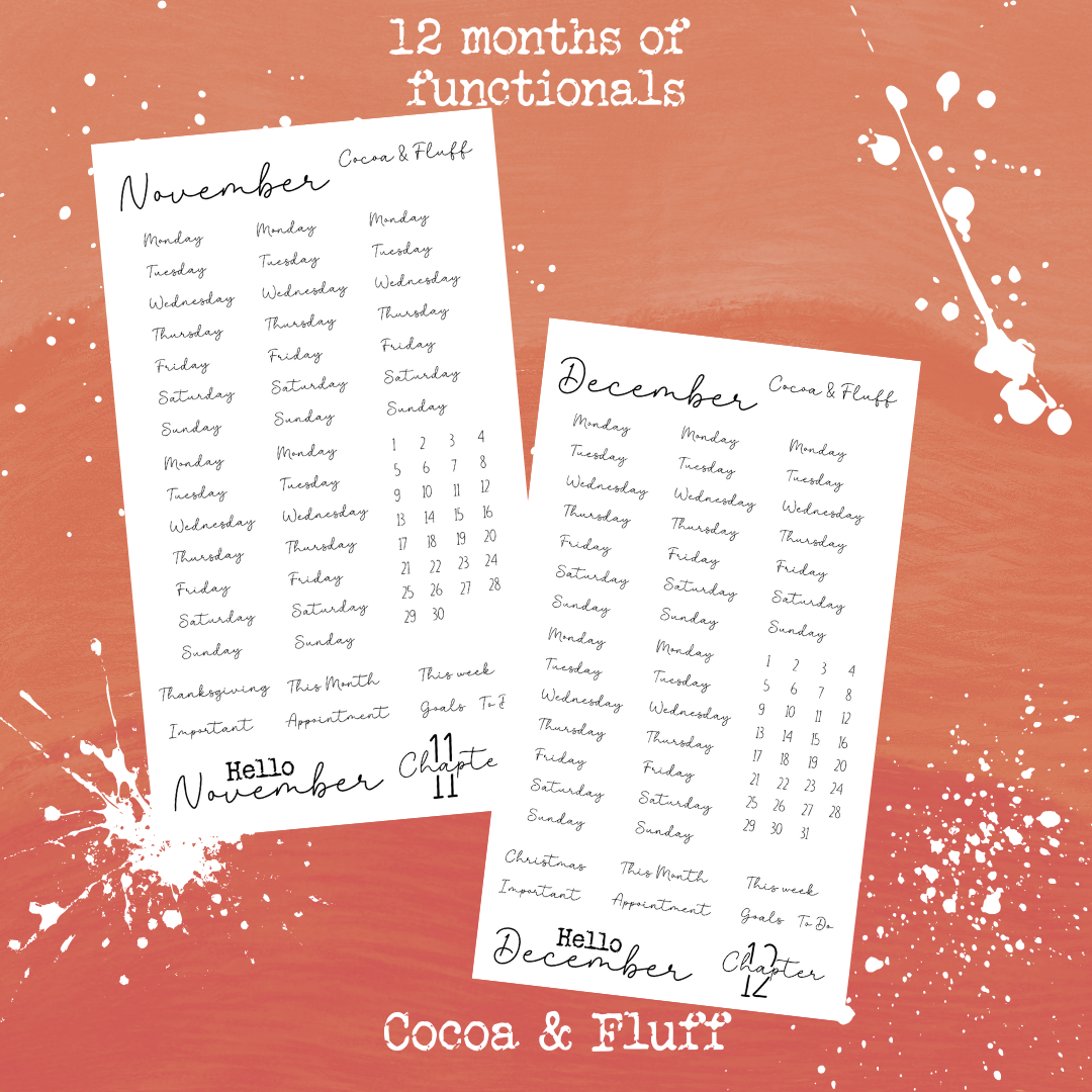 Monthly Functional Sticker Sheets | 12 Months Set with Days, Numbers, Headers & Essential Scripts