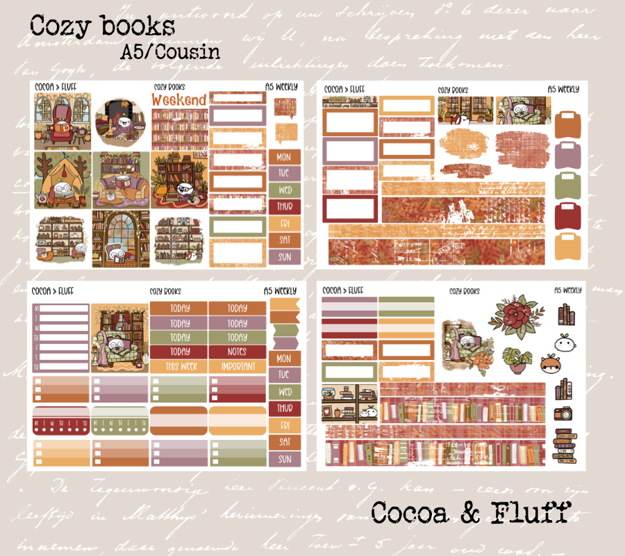 Cozy Books Hobonichi Cousin Weekly Sticker Kit – Cocoa & Fluff