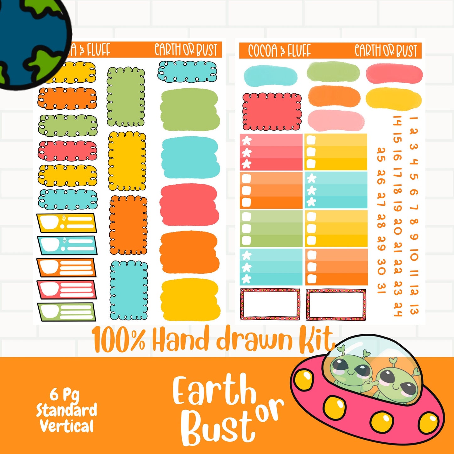 Earth or Bust Hand Drawn Standard Vertical Weekly Sticker Kit