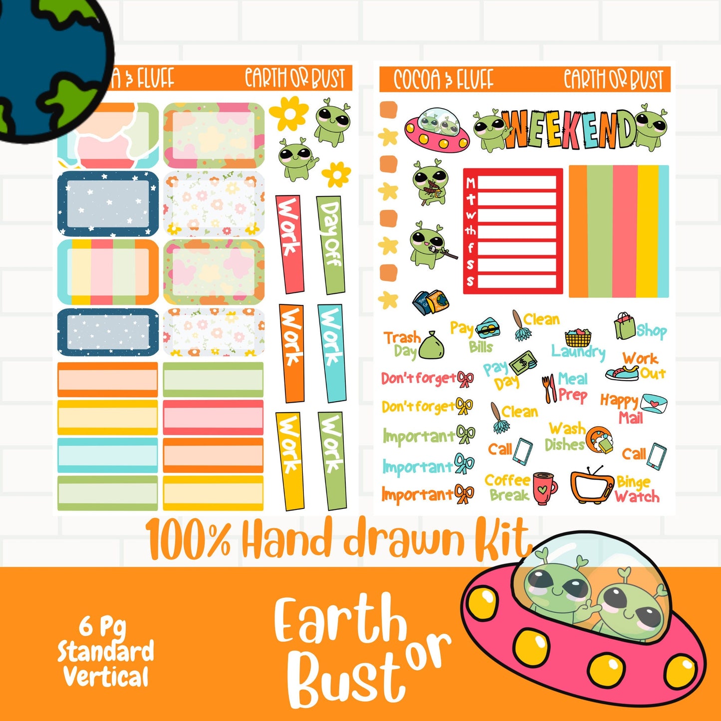 Earth or Bust Hand Drawn Standard Vertical Weekly Sticker Kit