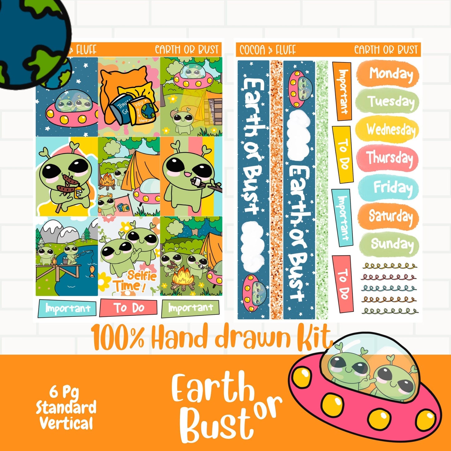 Earth or Bust Hand Drawn Standard Vertical Weekly Sticker Kit