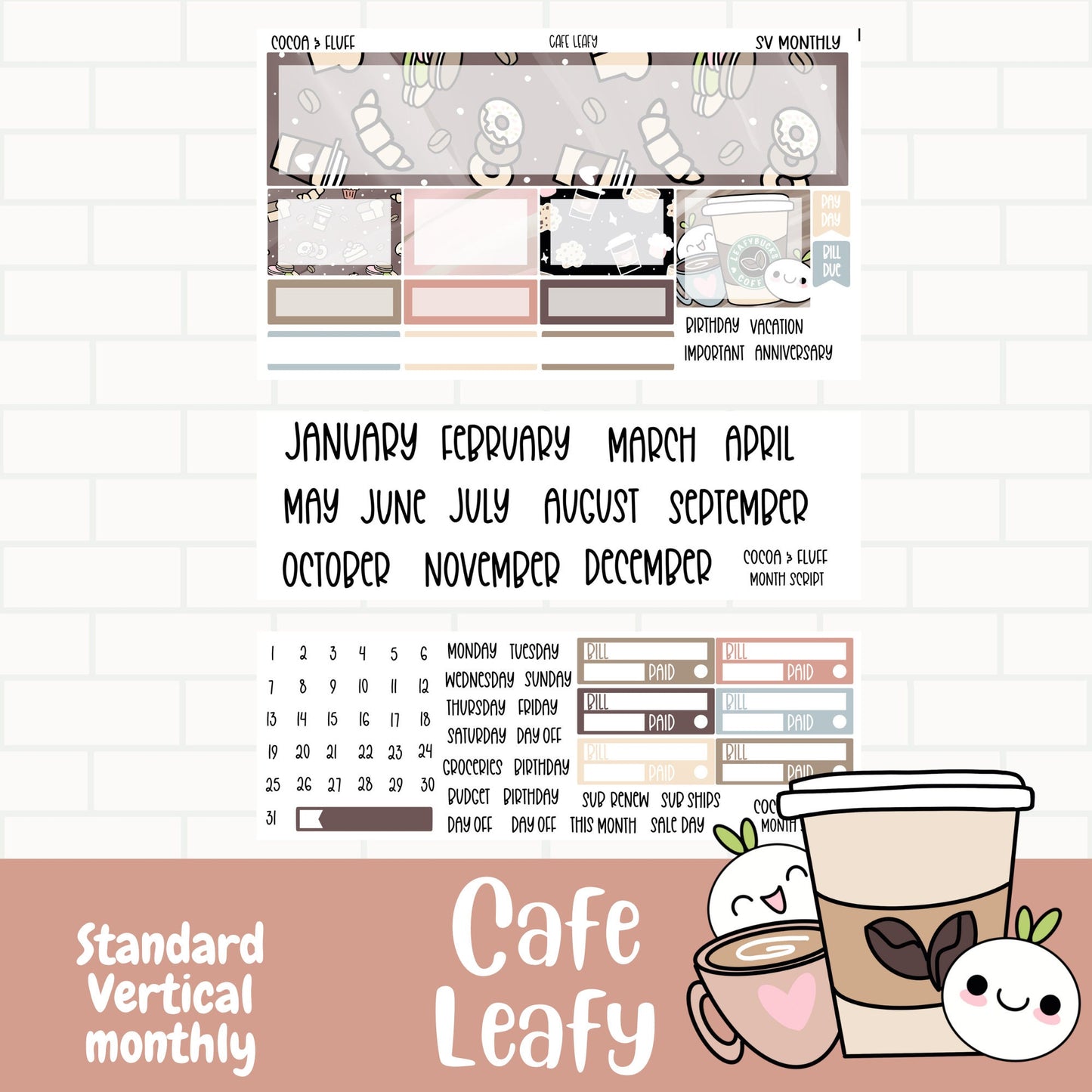 Cafe Leafy Standard Vertical Monthly Sticker Kit