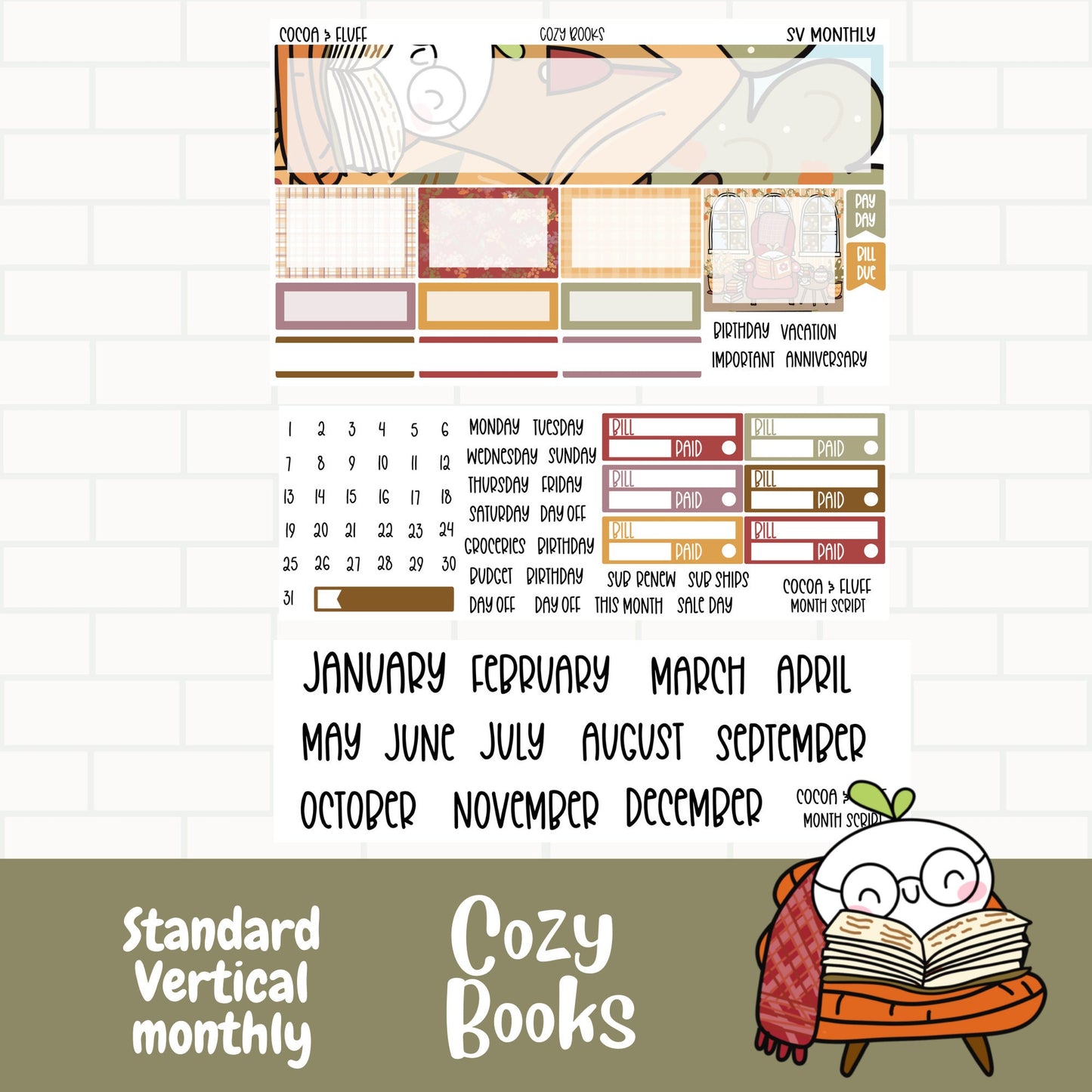 Cozy Books Standard Vertical Monthly Sticker Kit