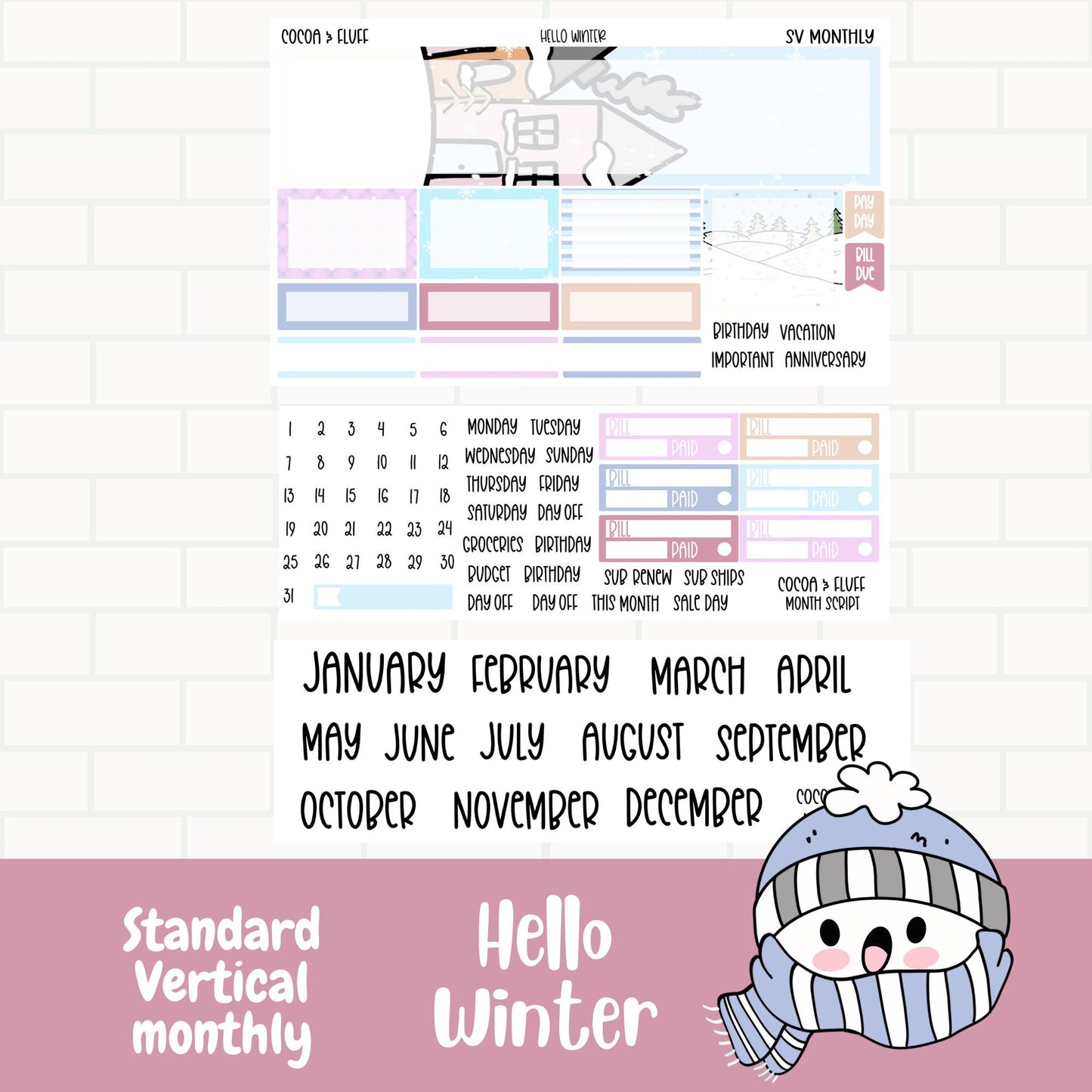 Hello Winter Standard Vertical Monthly Sticker Kit