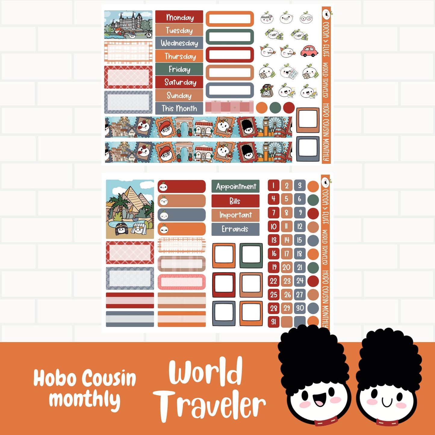 World Traveler Hobonichi Cousin Monthly Sticker Kit