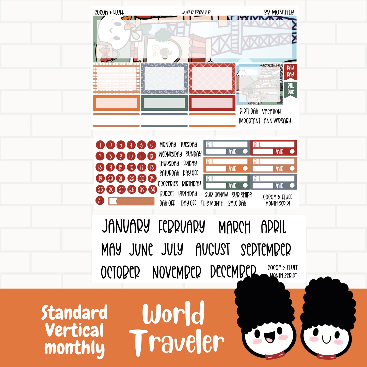 World Traveler Standard Vertical Monthly Sticker Kit