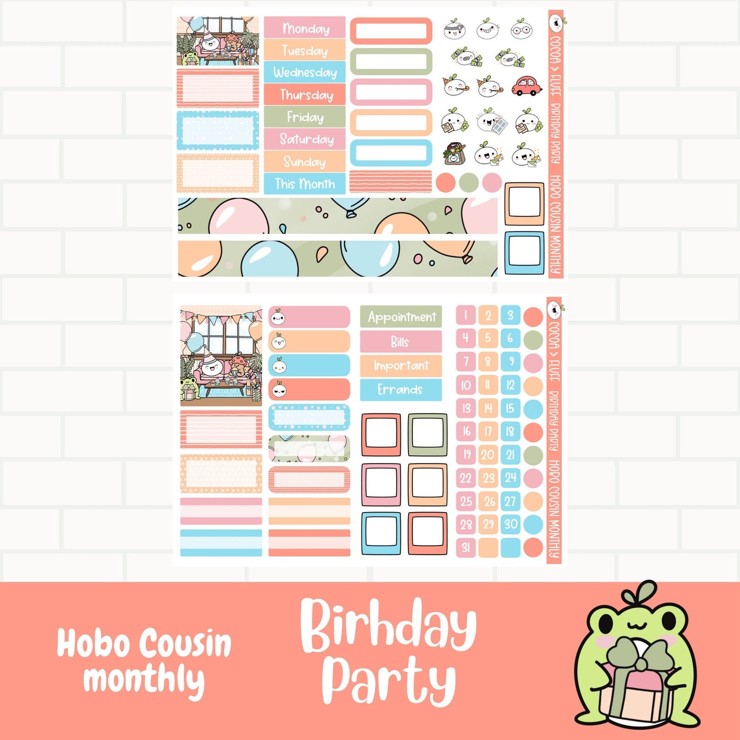 Birthday Party Hobonichi Cousin Monthly Sticker Kit