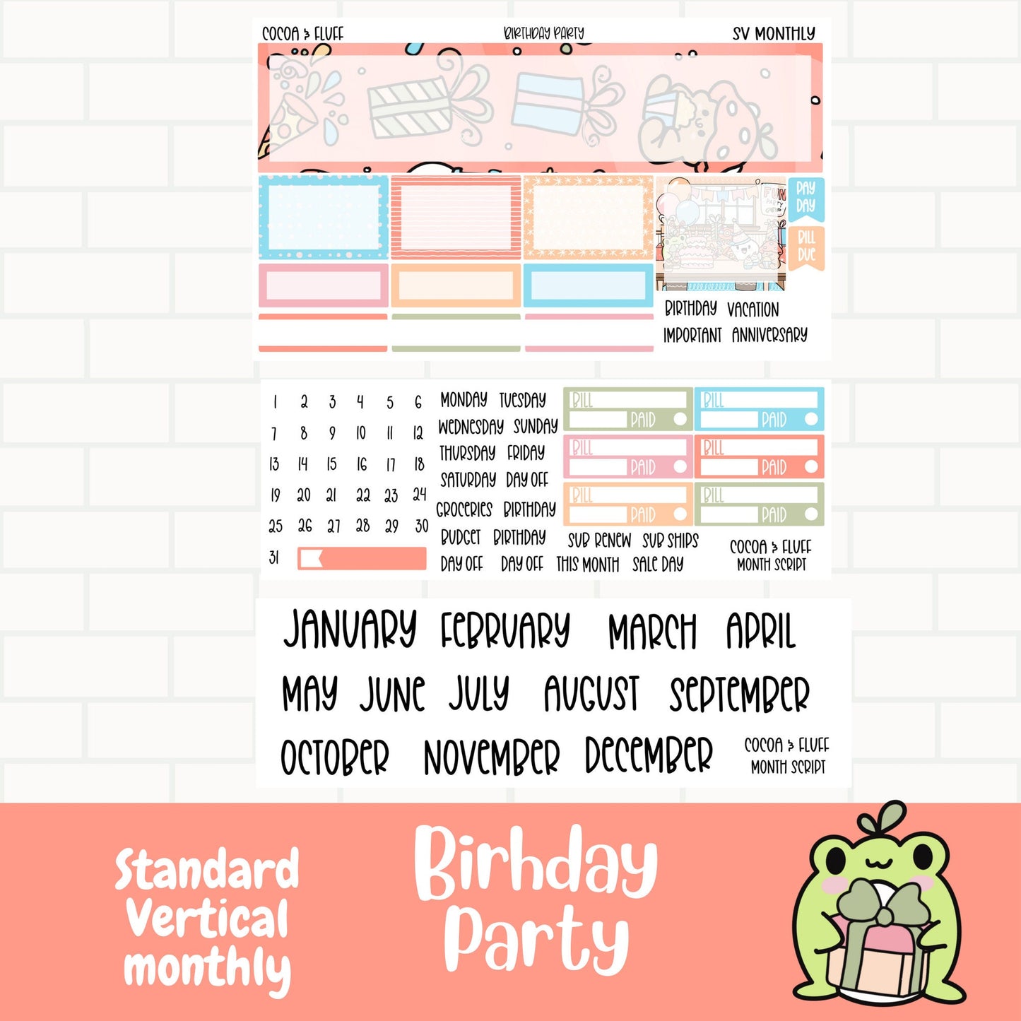 Birthday Party Standard Vertical Monthly Sticker Kit