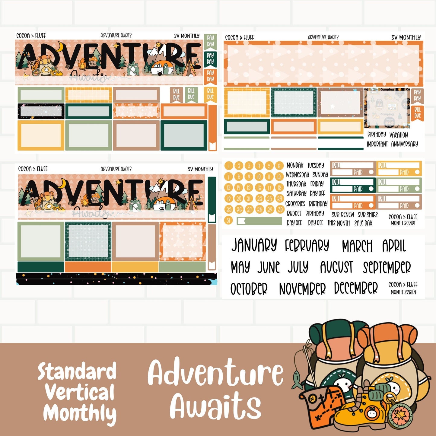 Adventure Awaits Standard Vertical Monthly Planner Stickers