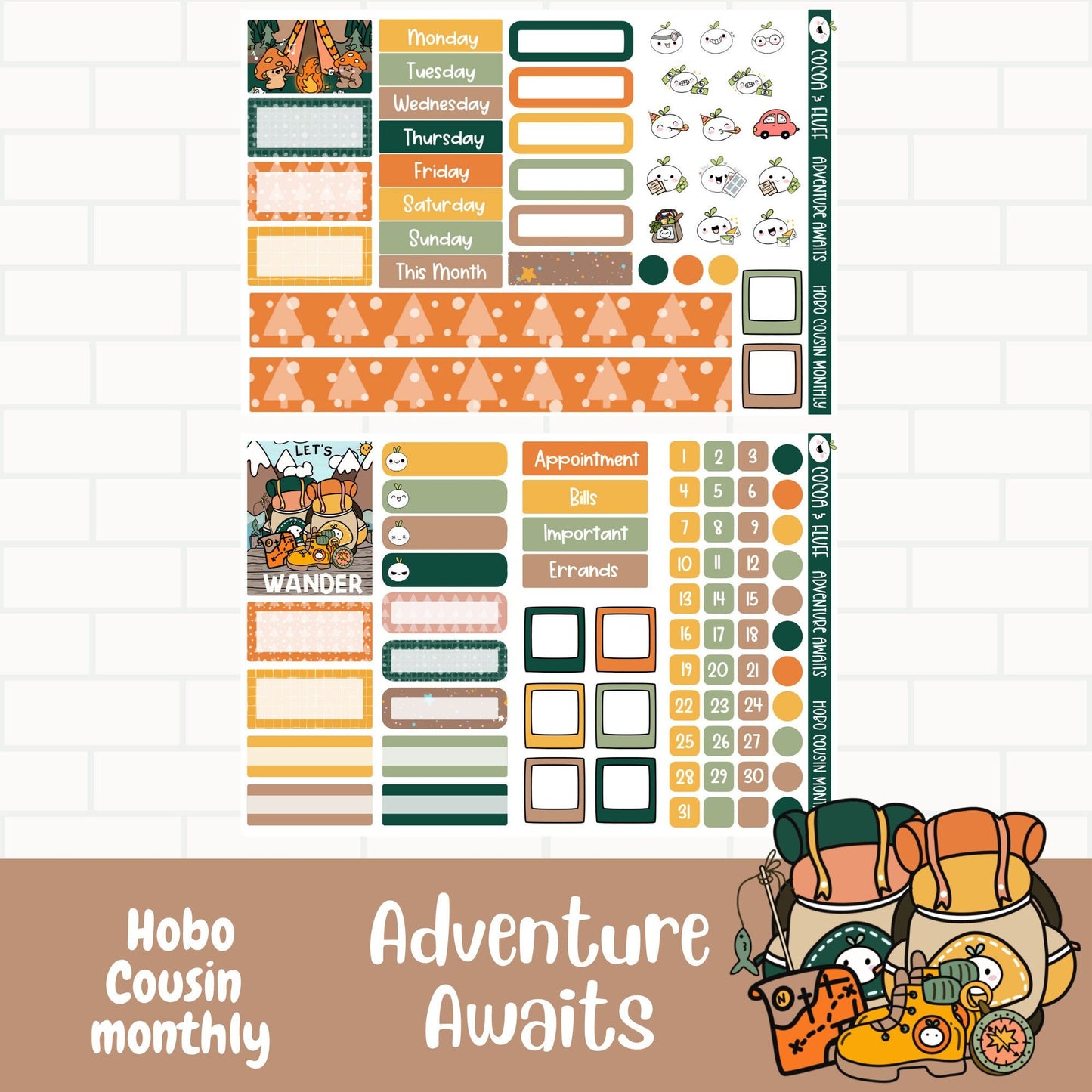 Adventure Awaits Hobo Cousin Monthly Planner Stickers