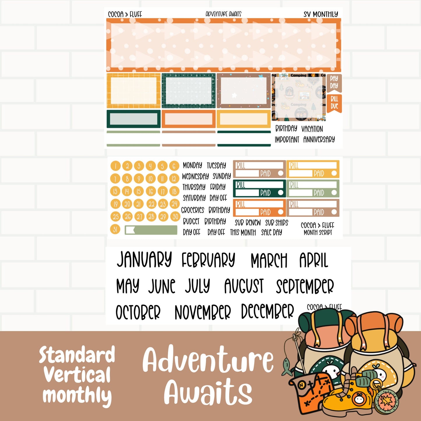 Adventure Awaits Standard Vertical Monthly Planner Stickers