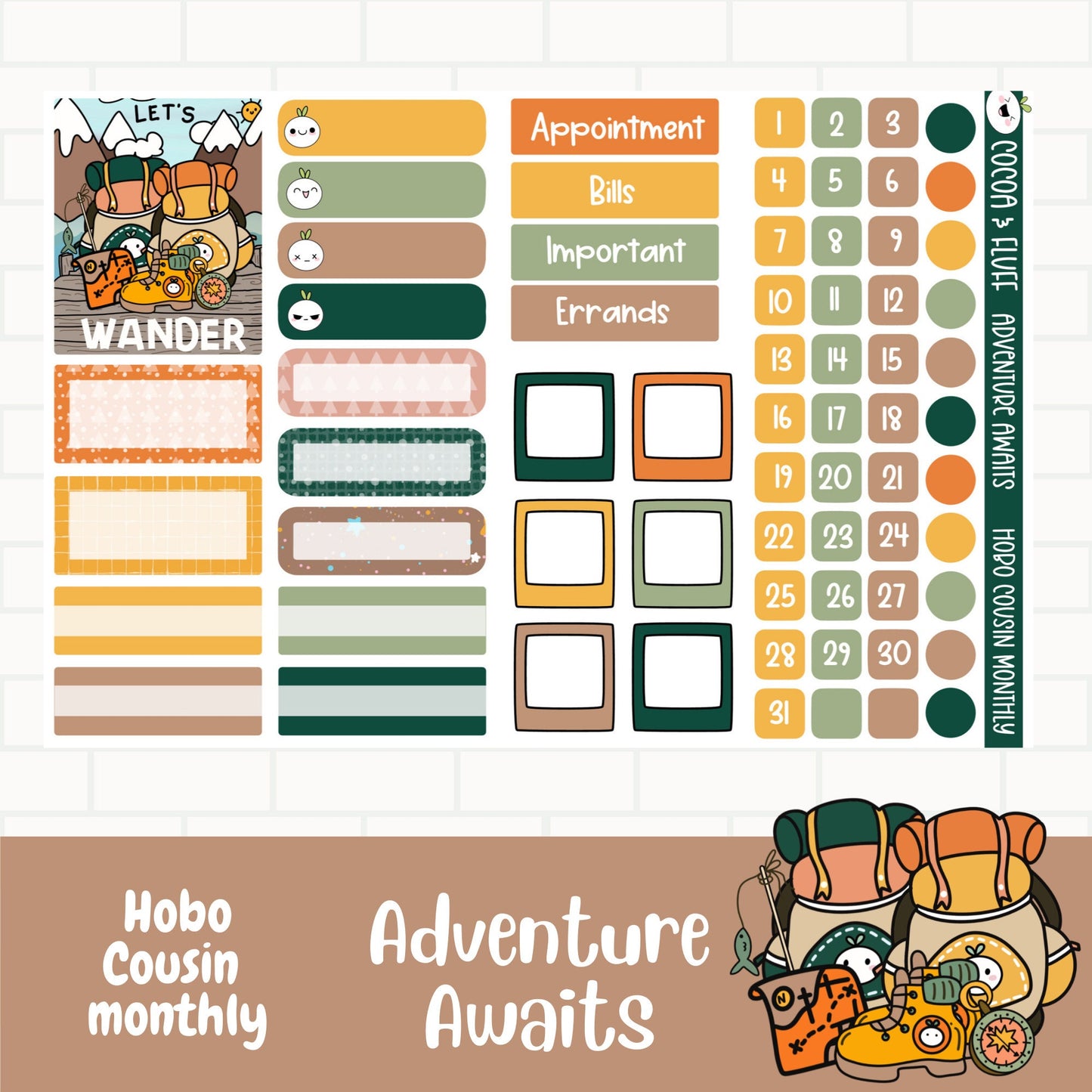 Adventure Awaits Hobo Cousin Monthly Planner Stickers
