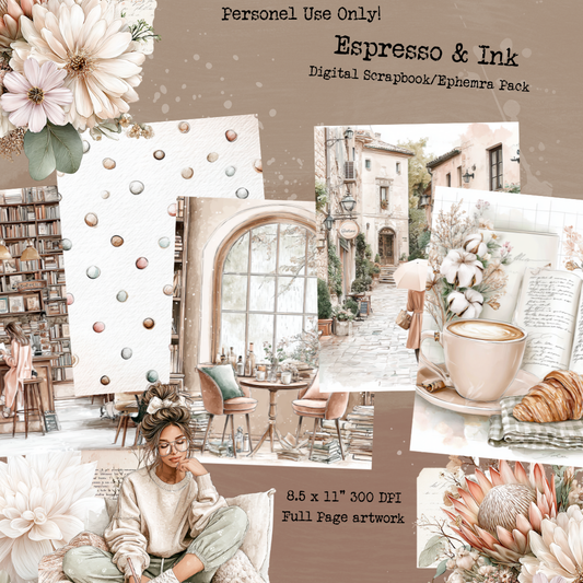 Espresso & Ink – Digital Scrapbook + Ephemera Pack | Printable Journal & Collage Kit