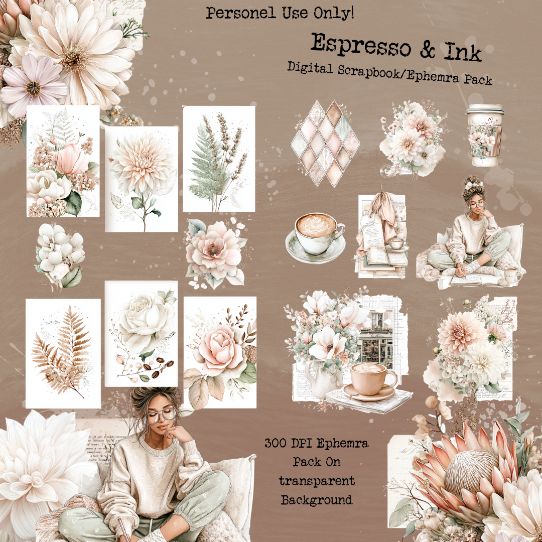 Espresso & Ink – Digital Scrapbook + Ephemera Pack | Printable Journal & Collage Kit