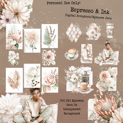 Espresso & Ink – Digital Scrapbook + Ephemera Pack | Printable Journal & Collage Kit