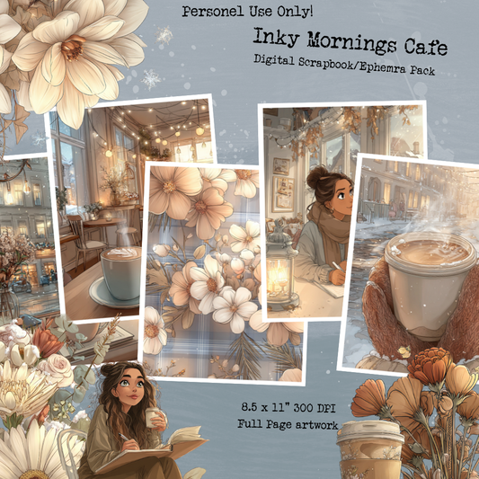 Inky Mornings Cafe – Digital Scrapbook + Ephemera Pack | Printable Journal & Collage Kit