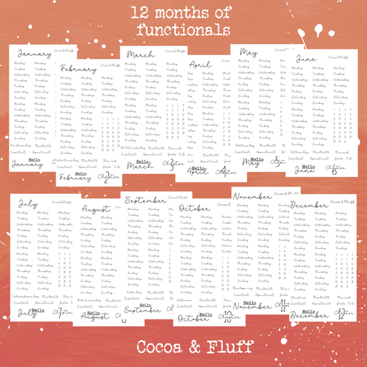 Monthly Functional Sticker Sheets | 12 Months Set with Days, Numbers, Headers & Essential Scripts