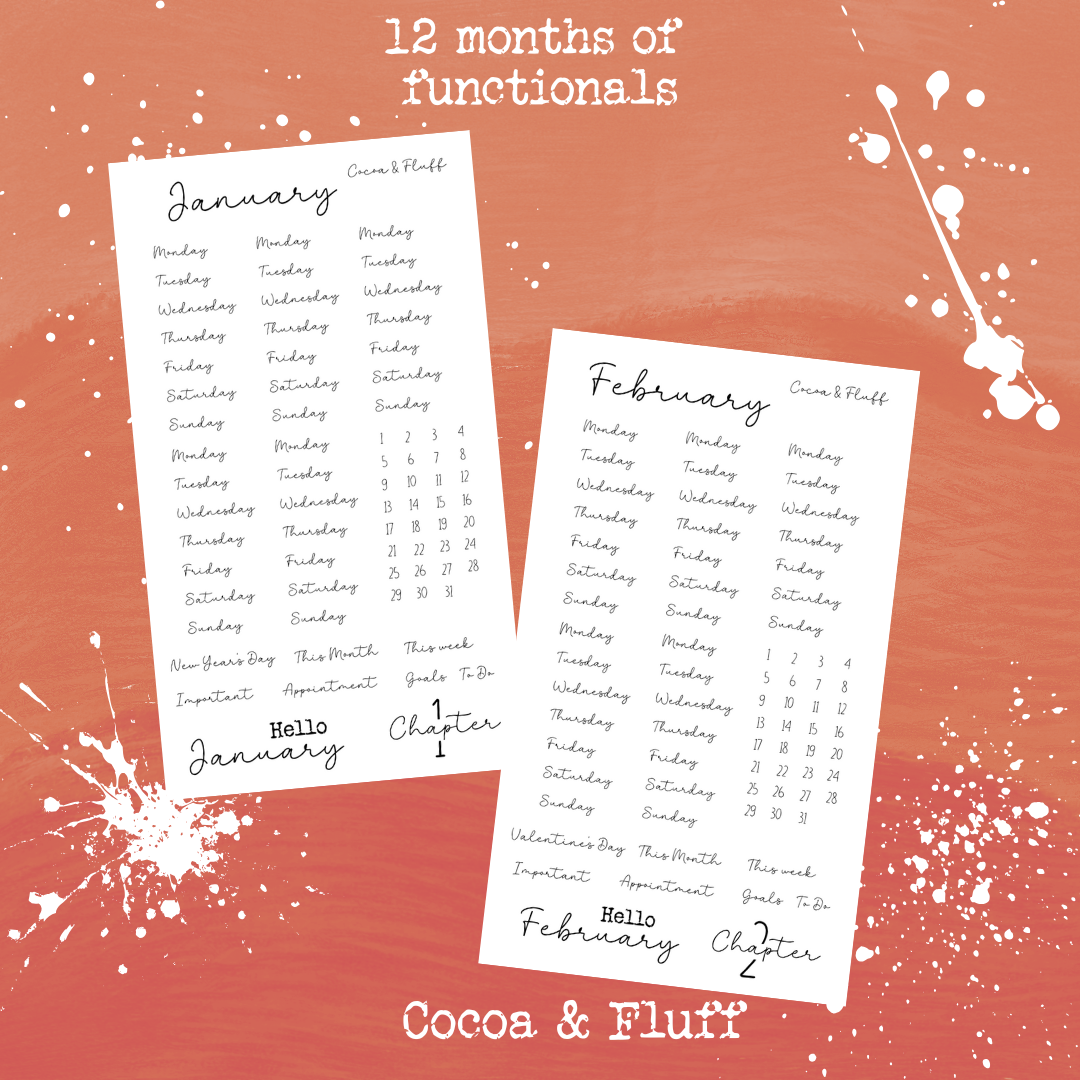 Monthly Functional Sticker Sheets | 12 Months Set with Days, Numbers, Headers & Essential Scripts