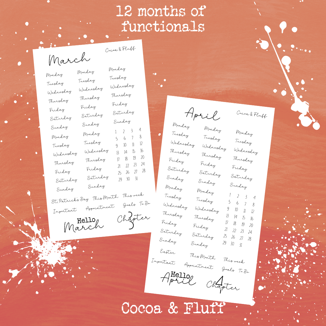 Monthly Functional Sticker Sheets | 12 Months Set with Days, Numbers, Headers & Essential Scripts