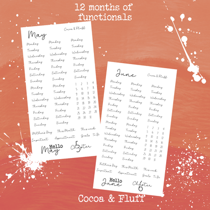 Monthly Functional Sticker Sheets | 12 Months Set with Days, Numbers, Headers & Essential Scripts
