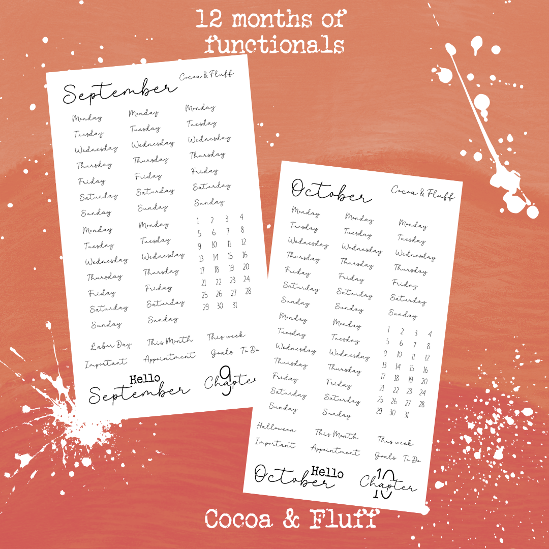 Monthly Functional Sticker Sheets | 12 Months Set with Days, Numbers, Headers & Essential Scripts