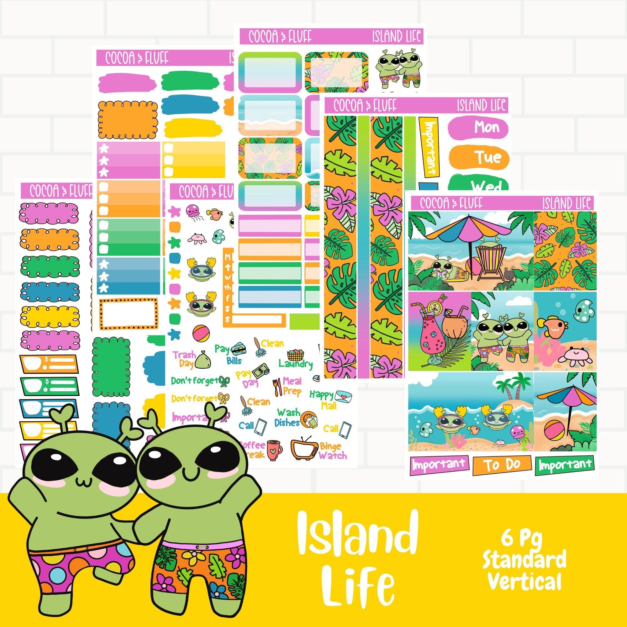 Inlet Life Sticker Island Life Hand Drawn Standard Vertical Weekly Sticker Kit – Cocoa & Fluff